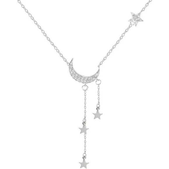 Gentle Silver Moon Stars Necklace - Picture 4 of 6